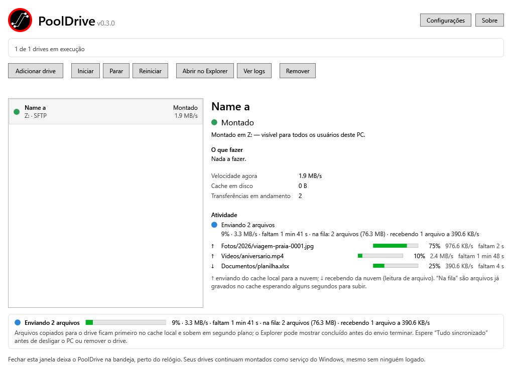 Janela do PoolDrive com um drive montado